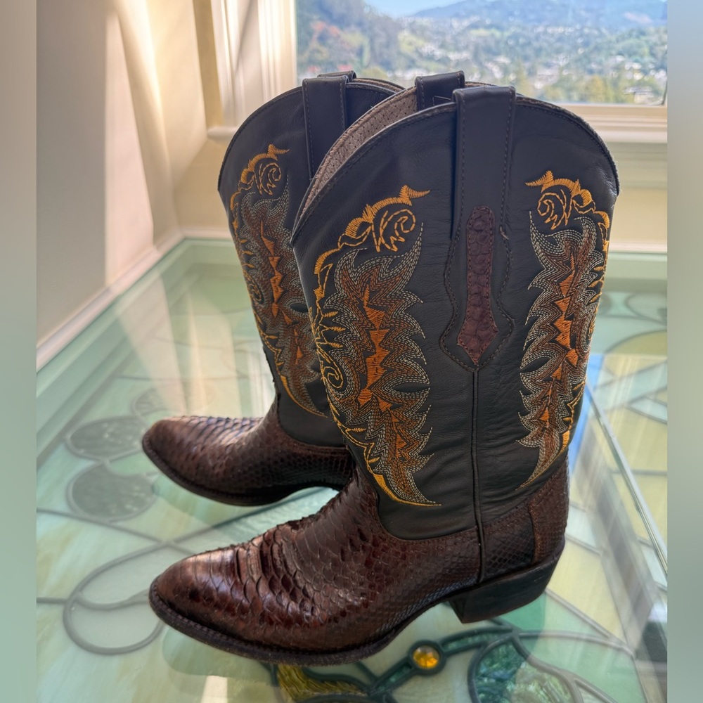 Vintage Brown Leather Snakeskin Cowboy Boots Size 10